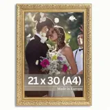 Victor Vintage Bilderrahmen „Rubens“ in 21x30 cm (A4) Gold Grün - Leiste: 30x20mm - Echtglas - Fotorahmen Barock Antik - Bilderrahmen 20x30 Vintage - Fotorahmen A4 Gold