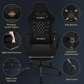 Woltu Gaming Stuhl mit Massagefunktion, Taschenfederkissen, ergonomisch, Netzstoff, Schwarz - Schwarz