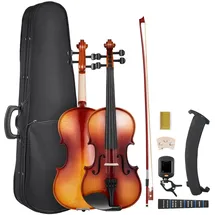Vevor Violine 4/4, 584,2 mm Armlänge, Geigenset mit Hartschalenkoffer, Kolophonium, Bogen, Schulterstütze, Steg, zusätzlichen Saiten, professionelles Massivholzinstrument (glänzend braun)