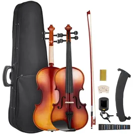 Vevor Violine 4/4, 584,2 mm Armlänge, Geigenset mit Hartschalenkoffer, Kolophonium, Bogen, Schulterstütze, Steg, zusätzlichen Saiten, professionelles Massivholzinstrument (glänzend braun)