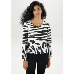 Langarmshirt ANISTON SELECTED, Damen, Gr. 38, schwarz-weiß (sanftes weiß, schwarz), Single Jersey, Obermaterial: 95% Viskose, 5% Elasthan, bedruckt, animal-print, modisch, figurumspielend hüftbedeckend, V-Ausschnitt, Langarm mit Gummizug, Shirts, mit Cut-Out, Schmuckelement und Animal-Prints
