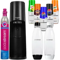 Wassersprudler SodaStream Terra Black + 2 Flaschen, Schwarz/Weiß, 1L + Pepsi-Sirupe, Pepsi MAX, Mirinda, 7UP, Schwip Schwap Zero - Schwarz