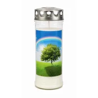 Kopschitz Kerzen Grabkerze 7-Tage-Brenner Grabkerze – Transparent Baum mit Regenbogen-Motiv weiß