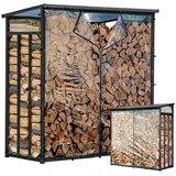 Quick Star Kaminholzregal Metall 142 x 70 x 185 cm mit Wetterschutz Schwarz