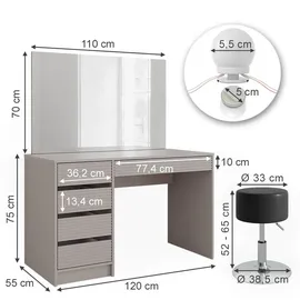 Vicco Schminktisch, Sherry 120 cm) mit Spiegel, Hocker & LED-Beleuchtung