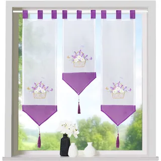 heimtexland ® Scheibengardinen Set 3-teilig Lamellen Gardine Transparent Bestickt mit Schlaufen Lila Lavendel Typ710
