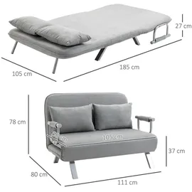 Homcom Schlafsofa mit Verstellbarer Rückenlehne, Wurfkissen, Sofa mit Schlaffunktion, Samtoptik, Armlehne, Gästebett, Klappsessel für Wohnzimmer, Schlafzimmer, Hellgrau