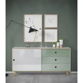 INTER-FURN Wohnzimmer, Sideboard, Kommode Schrank Adelaide, 180 x 86 x 40 cm, Weiß/Grün Hochglanz, mit Schiebetüren