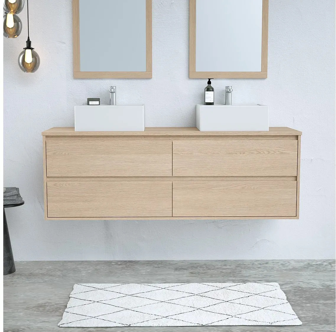 Waschbeckenunterschrank hängend mit Platte - 150 cm - Eichenholzfurnier - MILIPAM