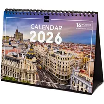 Finocam - Tischkalender 2026 Monatsansicht Januar–Dezember 2026 + Sept.–Dez. 2025 (4 Monate) reduziert | Kalender 2026 | Bilder Madrid - International