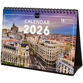 Finocam - Tischkalender 2026 Monatsansicht Januar–Dezember 2026 + Sept.–Dez. 2025 (4 Monate) reduziert | Kalender 2026 | Bilder Madrid - International