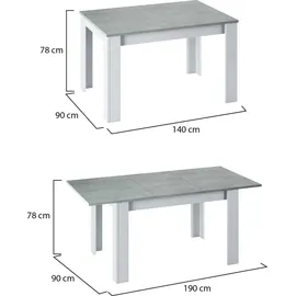 Dmora Midland-Tisch ausziehbar 140/190 x 90 x 78 cm Zement und Weiß