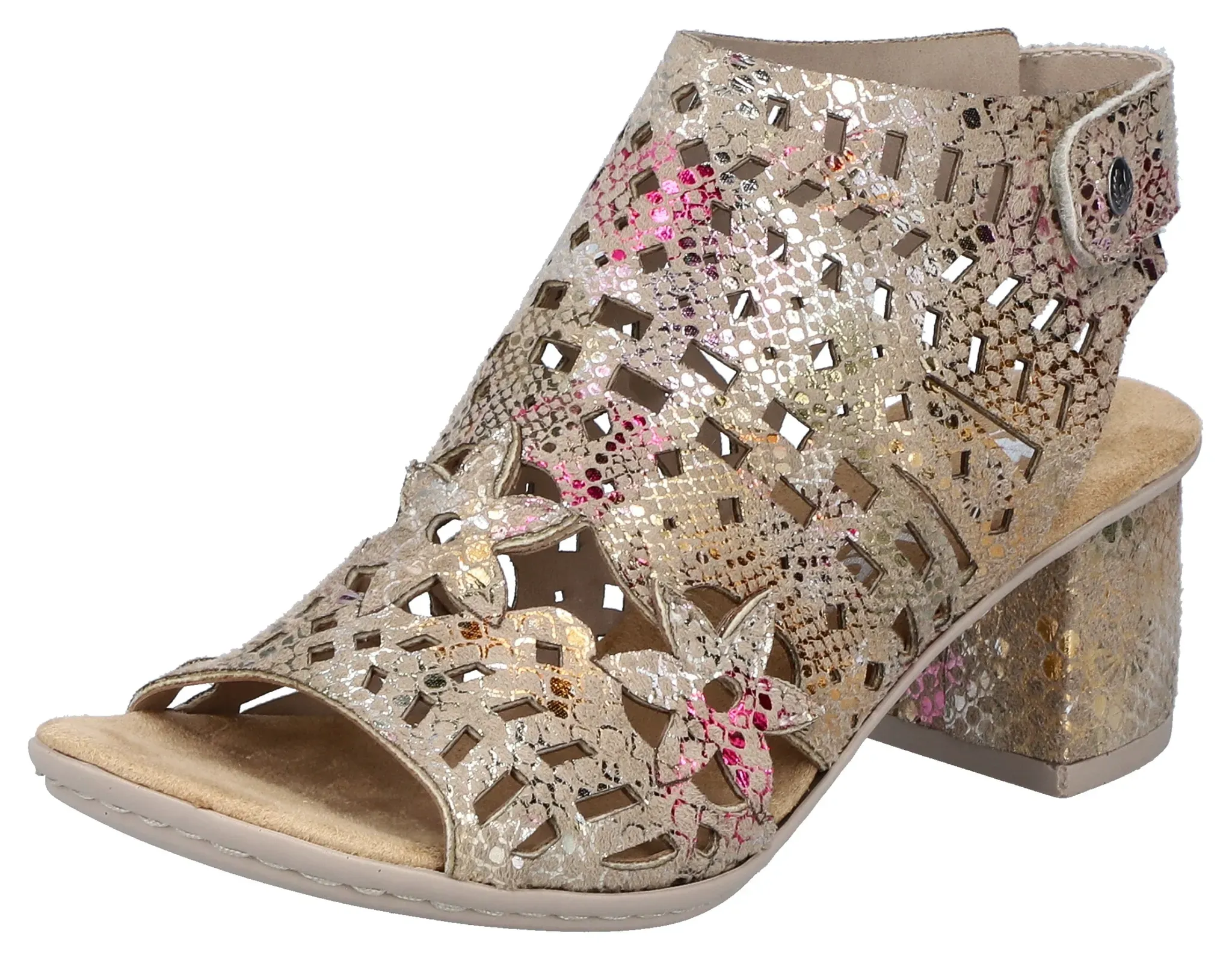 Sandalette RIEKER Gr. 39, bunt (beige multi) Damen Schuhe Sommerschuh, Sandale, Blockabsatz, mit modischer Schaftgestaltung