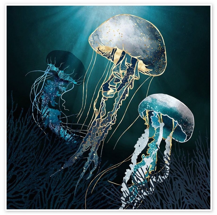 Posterlounge Poster SpaceFrog Designs, Metallische Quallen in türkismetalic, Illustration blau 70 cm x 70 cm