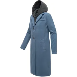 Navahoo Damen Mantel in Woll-Optik langer Trenchcoat leicht oversized mit (abnehmbarem) Kapuzen-Einsatz aus Sweat-Material Kekstraum 14 Dusty Blue Gr. XS - XS