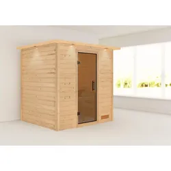 Sauna KARIBU "Anja (Fronteinstieg)", beige (naturbelassen), (ohne Ofen), Saunen, inklusive Ofenschutzgitter und Tür