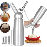 Echden 500ml Sahnespender Aluminium,Edelstahl Sahnespender für Schlagsahne,3 Edelstahl Deko-Düsen und 1 Reinigungbürste,Auslaufsicherer Einfach Reinigen Sahnesyphon,Whip Cream Dispenser