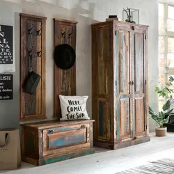 Shabby Chic Garderobe aus Recyclingholz Braun und Bunt (vierteilig)