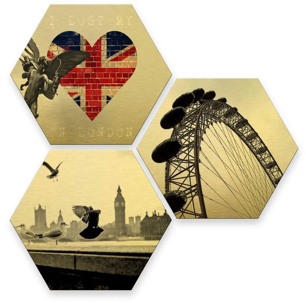 Wall-Art Mehrteilige Bilder »Goldeffekt London Collage«, (Set, 3 St.), Metallschild Collage, 53091312-0 Gold B/H/T: 35 cm x 0 cm x 30 cm