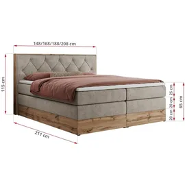 MKS Meble King Boxspringbett 180x200 mit Bettkasten Eiche, Polsterbett 180x200 mit Matratze H3, Bett 180x200 mit Kopfteil, Bett mit Holzrahmen in W... - Beige