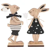 COM-FOUR® 2X Deko Aufsteller für Ostern - Osterhasen-Paar mit Blume - Zwei Osterhasen zum Hinstellen - Osterdekoration aus Holz (2 Stück - schwarz/weiß)