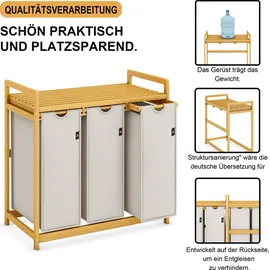 ADEL DREAM AdelDream Wäschekorb mit Bambusrahmen, 150 l, 3 Fächer Bambus Wäschesammler laundry baskets Bogendesign Wäschesortierer Hellgrau-06-16