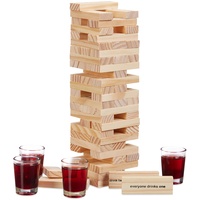 Relaxdays Wackelturm Trinkspiel "Drunken Tower", Holzturm 60 Steine, 4 Schnapsgläser, Partyspiel für Erwachsene, natur