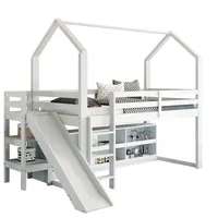 Merax Hochbett 90x200cm mit beweglichem Schrank, Kinderbett mit Rutsche und Treppe Holzbett mit Regal weiß