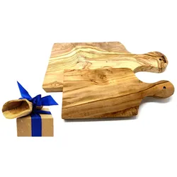 Frühstücksbrett OLIVENHOLZ-ERLEBEN "2er Set Schneidebrett mit Griff aus Olivenholz", braun, B:14cm H:1,5cm L:27cm, Massivholz, Schneidebretter, praktische Griffe sorgen für eine einfache Handhabung