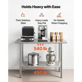 Vevor Edelstahltisch Gastro 1220 x 610 x 864 mm, Verstellbarer Edelstahltisch Küchentisch, Arbeitstisch Gewerblich mit Grundboden für Restaurant Schwerlast Obere Ablage (245 kg) Untere Ablage (204 kg)