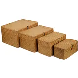 Rattankorb Aufbewahrungskorb aus Seegras, Natürlicher Geflochten Korb mit Deckel, Rechteckige Weidenkorb Aufbewahrungsbox, 4er Set