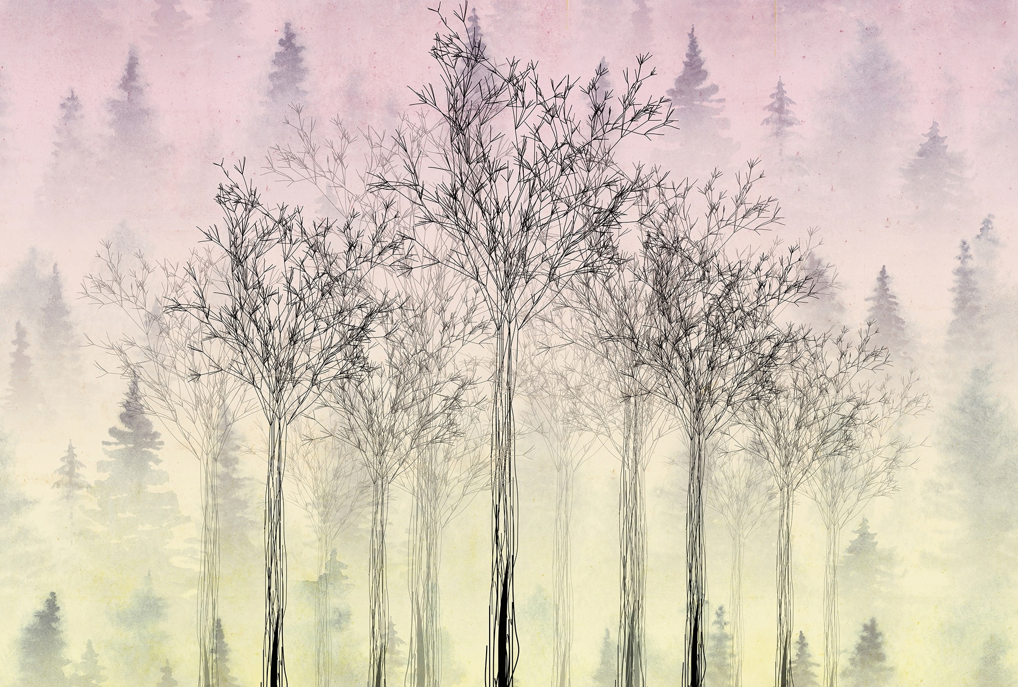 ARCHITECTS PAPER Fototapete "Atelier 47 Trees Artwork 2" Tapeten Vlies, Wand, Schräge, Decke Gr. B/L: 4 m x 2,7 m, bunt (schwarz, grüngelb, rosa) Fototapeten