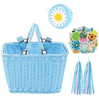 GreatRise Geflochten Fahrradkorb Set Vorne Lenkerkorb mit Lederriemen Griffe Luftschlangen Fahrradklingel Aufkleber, Handgewebter Kinderfahrradkorb Fahrrad Zubehör für Fahrräder Himmelblau Set