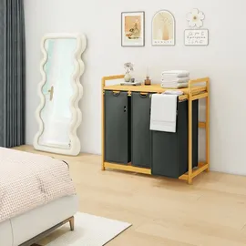 ADEL DREAM AdelDream Wäschekorb mit Bambusrahmen 150 l, 3 Fächer Bambus Wäschesammler Grau - Grau