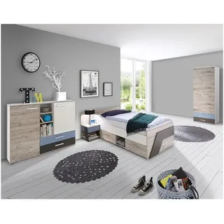 Lomadox Jugendzimmer Set mit 90x200 cm bett 4-teilig mit Kleiderschrank leeds-10 in Sandeiche Nb. mit weiß Lava und Denim Blau