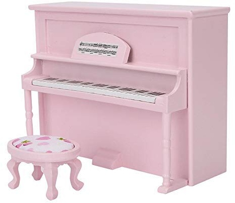 Puppenhaus Mini Upright Klavier Spielzeug Mini Upright Klavier Modell Spielzeug mit Hocker Simulation Möbel Dekoration für 1/12 Puppenhaus Zubehör(Rosa)