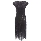 shoperama 20er Jahre Charleston Kleid Pailletten Fransen Flapper Gatsby 20's Fransenkleid Damen-Kostüm, Größe:XL, Farbe:Schwarz/Schwarz