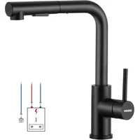 Niederdruck Armatur Küche Ausziehbar, WOOHSE Wasserhahn Küche Schwarz mit Brause 2 Strahl, 360° Drehbar Küchenarmatur Niederdruck Wasserhahn mit 3 Anschlüsse für Boiler, Spültischarmatur aus Edelstahl