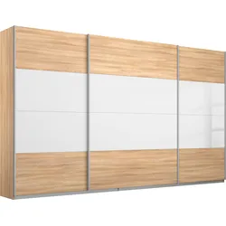 Schwebetürenschrank RAUCH "Quadra Bestseller Schlafzimmerschrank in vielen Breiten", braun (struktureichefarben hell, weißglas), B:315cm H:210cm T:62cm, Schränke, Kleiderschrank Garderobenschrank Schrank mit Glaselementen