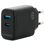Mobilis - Netzteil - schnell, GaN - 45 Watt - Quick Charge, PD/PPS - 2 Ausgabeanschlussstellen (USB, 24 pin USB-C)