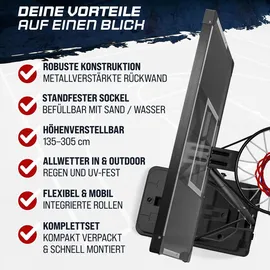 Sportana® Basketballkorb Outdoor höhenverstellbar 135 –305 cm stabil wetterfest mit Ständer 60 kg Sockel Rollen stoßdämpfender Ring Ø45 cm Hoop Kinder Erwachsene