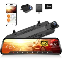 WOLFBOX G930 10'' Rückspiegel Kamera mit 5.8GHz WiFi, 4K Dash Cam Vorne und Hinten mit WDR, Touchscreen Rückspiegel Rückfahrkamera, Parking Monitor, Reverse Assist, Inklusive 64GB Karte & GPS