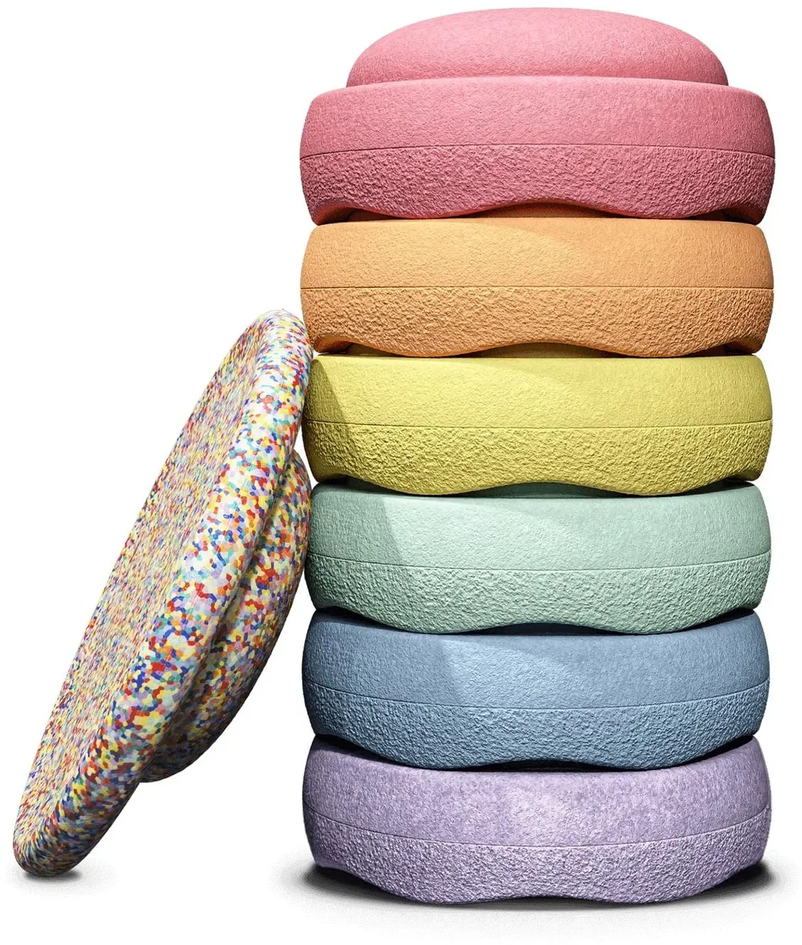 Stapelstein 6er Set mit Board Rainbow Pastell (light red/light orange/light yellow/mint/light blue/ light violet) inkl. Board Super Coneffti