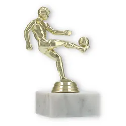 Pokal Kunststofffigur Fußballspieler gold auf weißem Marmorsockel 14,0cm