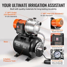 Vevor 1176W Gartenpumpe, 5600 l/h automatische Bewässerungspumpe, 50 m Hub, Kreiselpumpe mit 30/50 PSI Druckschalter, flache Springbrunnenpumpe, E...