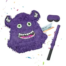Relaxdays Pinata Monster, mit Stab und Maske, Partypinata Kinder, Geburtstag, zum Befüllen, HxBxT: 40 x 35 x 9 cm, lila