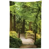 ABAKUHAUS Wald Wandteppich, Hölzerne Brücke über Teich aus Weiches Mikrofaser Stoff Waschbar ohne Verblassen Digitaldruck, 110 x 150 cm, Grün Braun