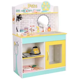Teamson Kids Little Helper Holzhaustierspielständer Pretend Vet Clinic Spielzeugset für Katzen- und Hundespielzeug mit 19 Rollenspielzubehör Grün/Gelb TD-13636A