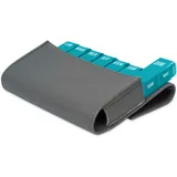 Pillendose für Wochen- und Tageszeiten, Grau ● Kunstledertasche ● 7 Tage - Morgen, Mittag, Abend, Nacht ● Organizer für Medikamente, Pillen und Vitamine