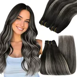 YoungSee Echthaar Tressen Ombre 55cm Tressen Extensions Echthaar Schwarz Ombre Silber Tressen zum Einnahen Haartressen Weft Hair-Extensions Weave Extension Glatt fur Damen 100g #1B/S/1B